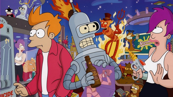 Fry, Leela, and Bender from Futurama with devil robot