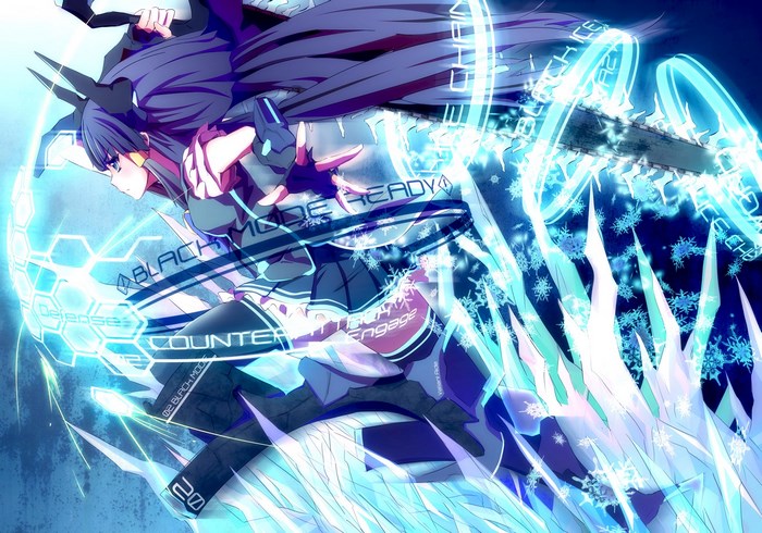 Anime girl with black hair and blue energy effects