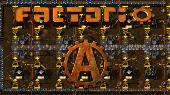Factorio game logo with factory machinery