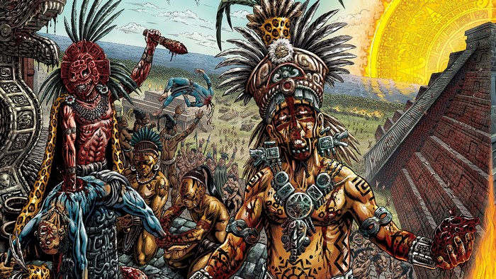 Aztec ritual with sun and pyramid