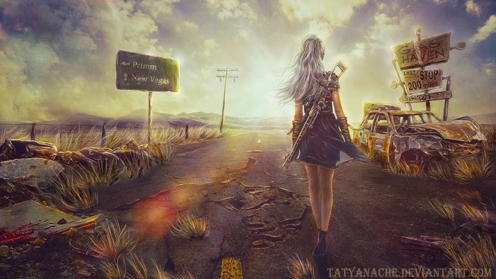 Woman walking on road in Fallout: New Vegas