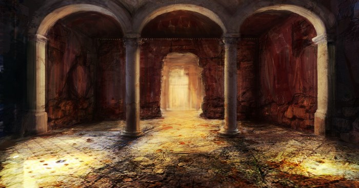Ancient Roman interior with arches and columns