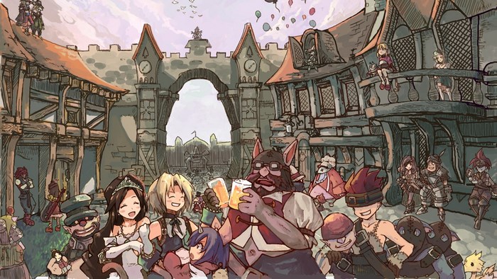 Final Fantasy IX characters celebrating in a town square