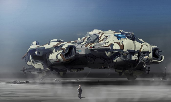 Camouflaged spaceship hovering over a desolate landscape