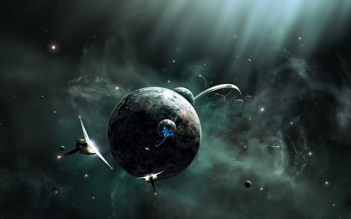 Spaceships and planets in a nebula