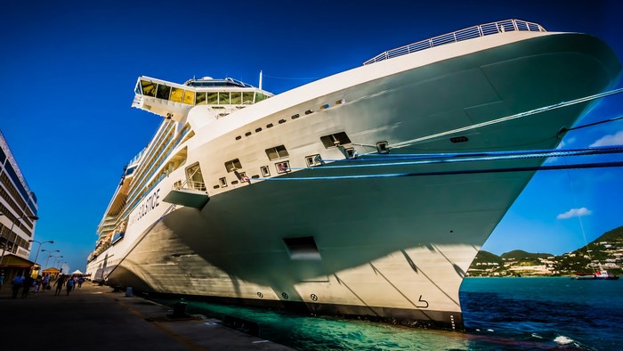 Cruise ship docked at a pier with a town in the background