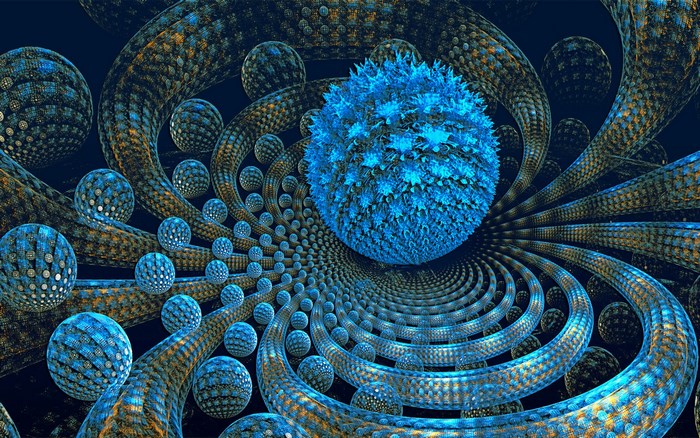 Abstract fractal art with blue spheres and golden tubes