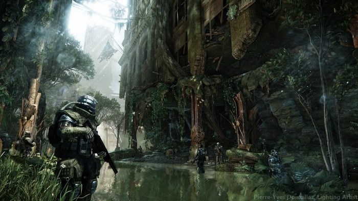 Crysis 3 soldier in overgrown ruins