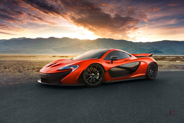 Orange McLaren P1 supercar in desert landscape