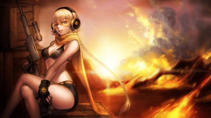 Pretty sniper girl with headphones and rifle