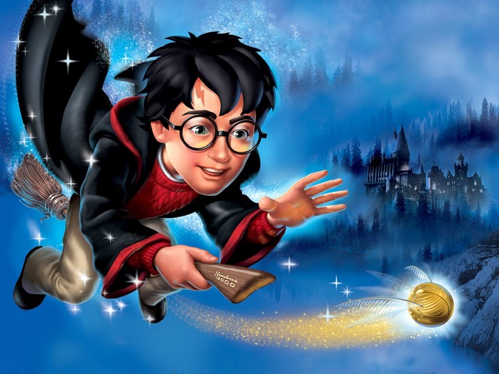 Harry Potter flying on a broomstick
