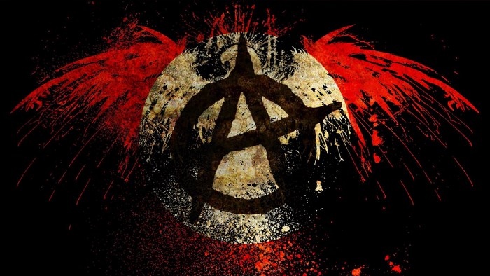 Anarchy symbol with red wings and splatters