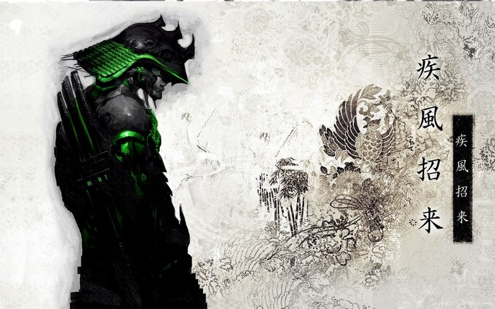 Samurai warrior with green accents and Japanese art
