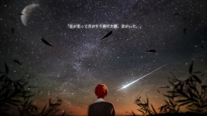 Anime boy looking at shooting star and moon