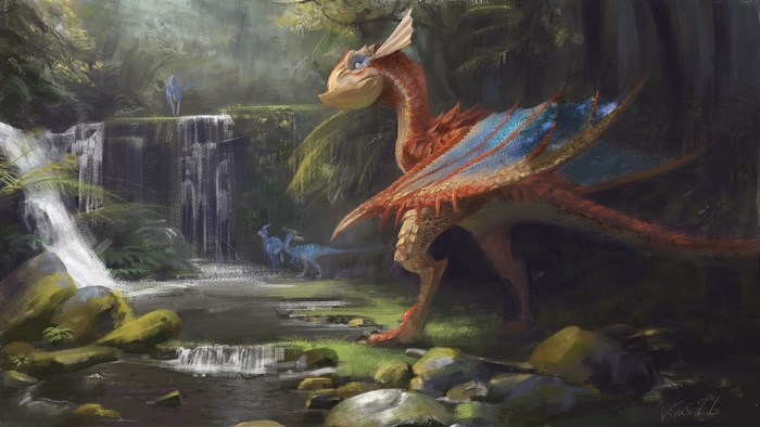 Monster Hunter creature in a jungle with waterfalls
