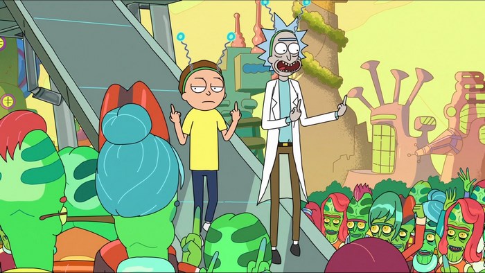 Rick and Morty in alien crowd