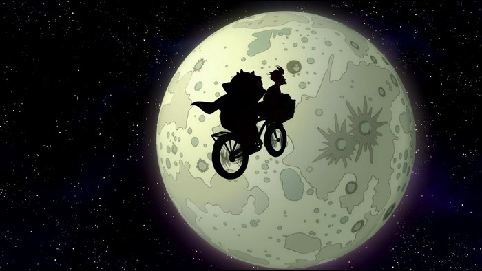 Fry and Bender riding a bicycle on the moon