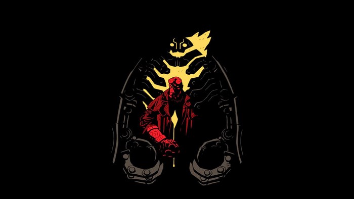 Hellboy and a large mechanical figure