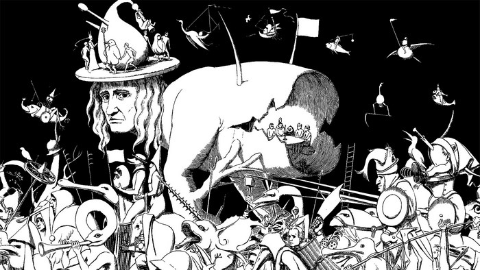 Surreal black and white illustration with fantastical figures