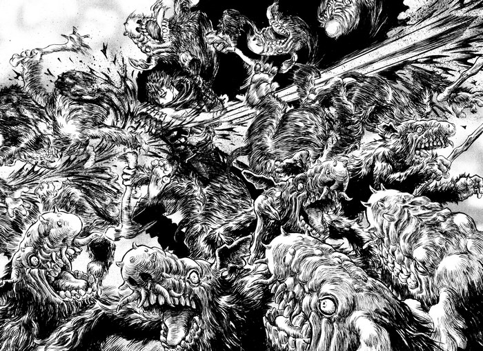 Guts fighting demons in Berserk
