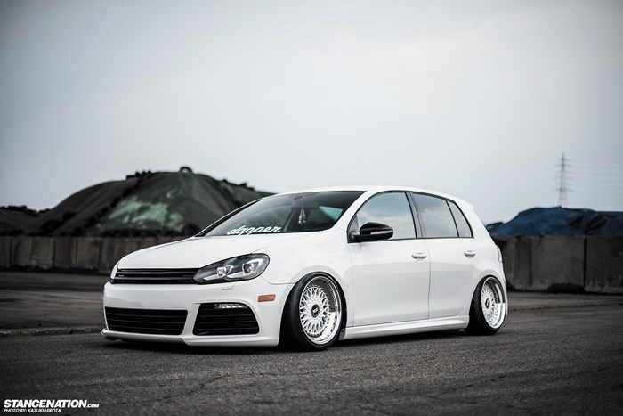 White stanced Volkswagen Golf GTI on BBS wheels