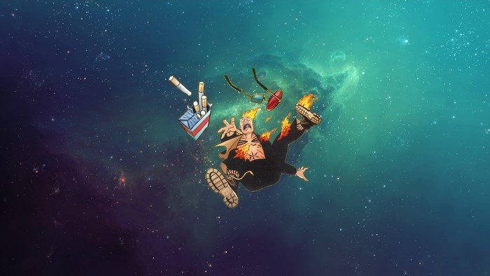 Man on fire falling through space with cigarettes and glasses