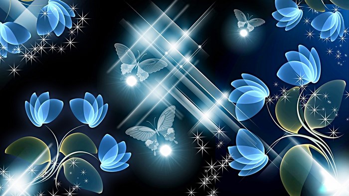 Glowing Blue Butterflies and Sparkling Lights