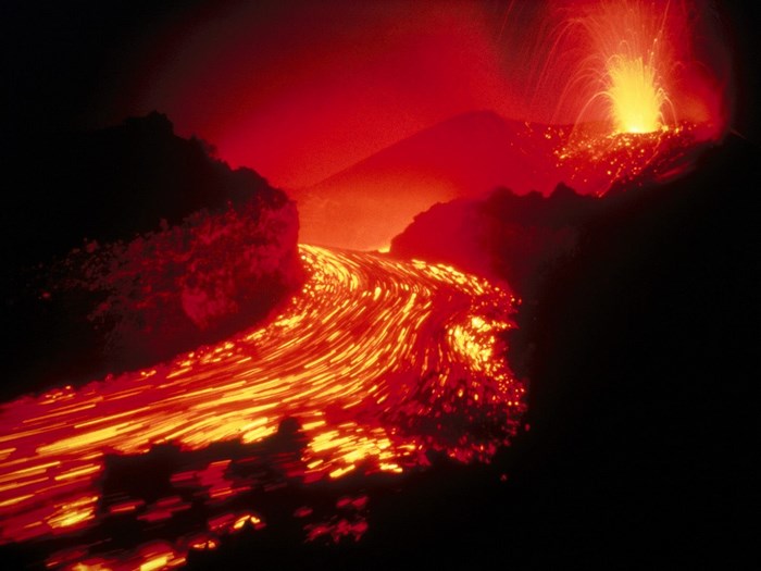 Volcano eruption with lava flow