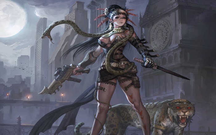 Warrior woman with snake, gun, and leopard in city at night