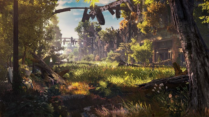 Ruined city overgrown with nature and futuristic structures
