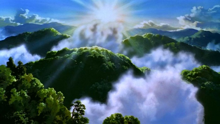 Princess Mononoke mountain landscape with sun rays