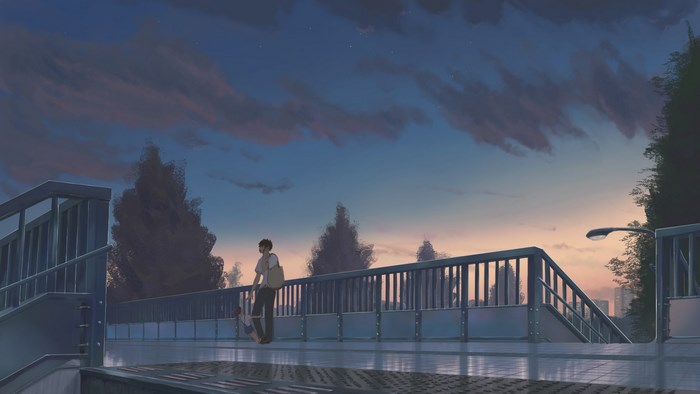 Your Name. Anime scene on a bridge at dusk