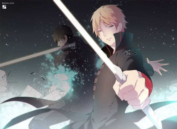 Two men with glowing swords