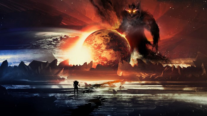 Monster and planet with a lone figure