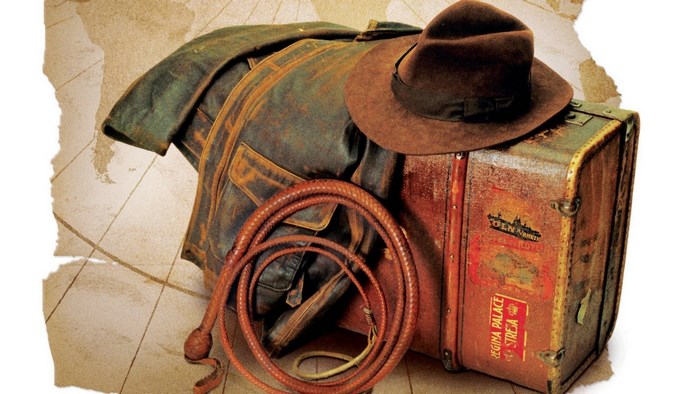 Indiana Jones's hat, jacket, whip, and suitcase