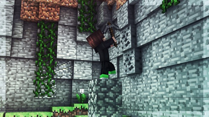 Minecraft character mining stone wall