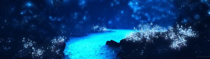 Fantasy cave with glowing plants and river