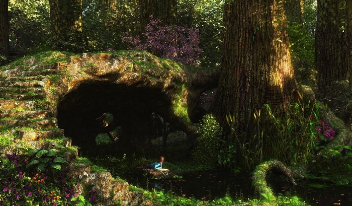 Girl reading by a cave entrance in a forest