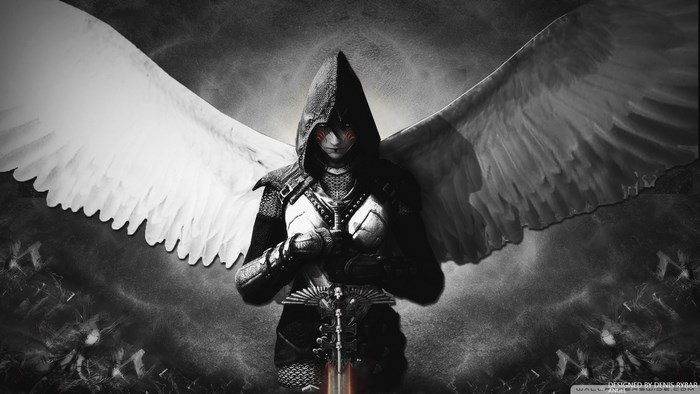 Angel warrior with sword and wings