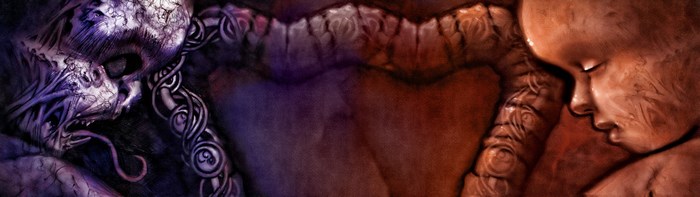 Dark creature and baby in abstract landscape