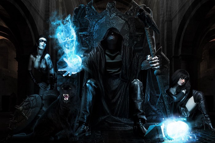 Dark sorcerer on throne with magical skull and panther