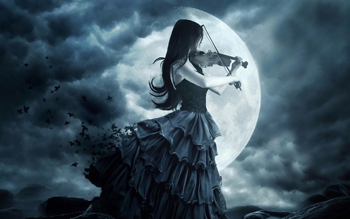 Gothic Woman Playing Violin Under Full Moon