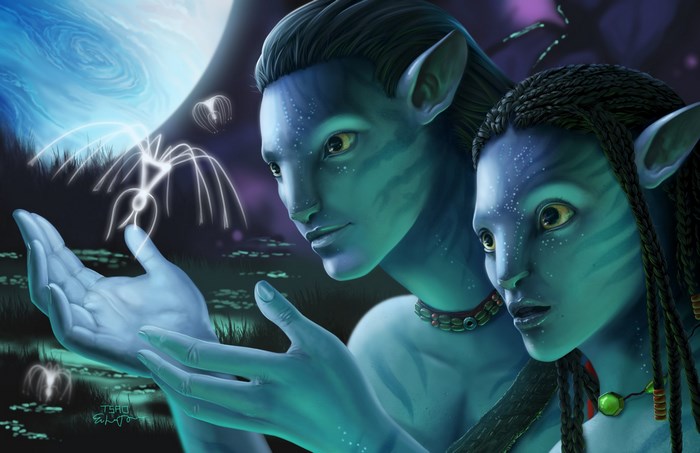 Avatar Na'vi couple interacting with bioluminescent flora