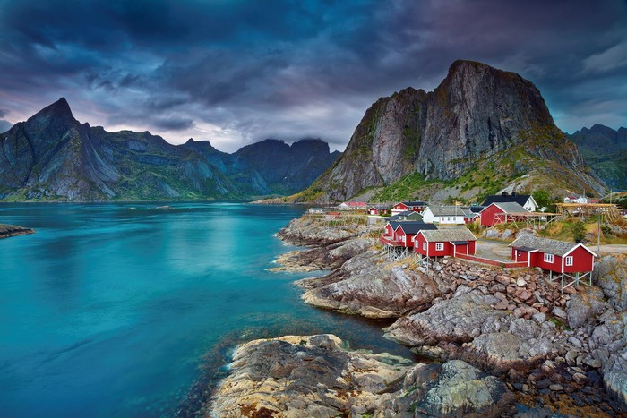 Scenic Lofoten Village by Dramatic Mountains and Water