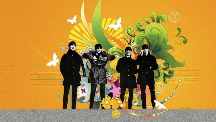 The Beatles in black coats on orange background