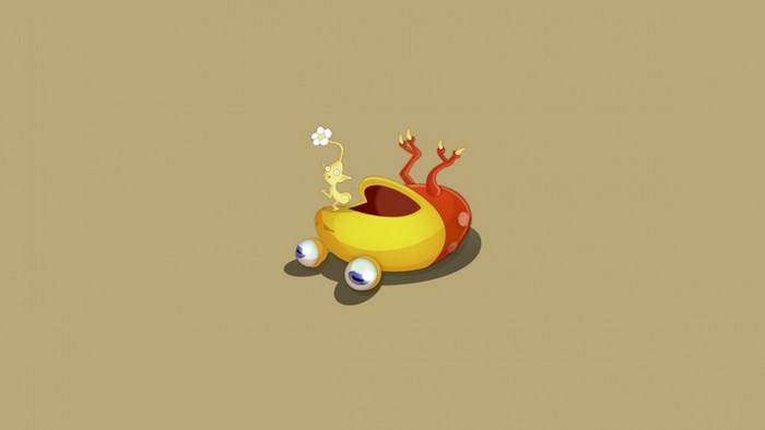 Pikmin and a creature on a tan background