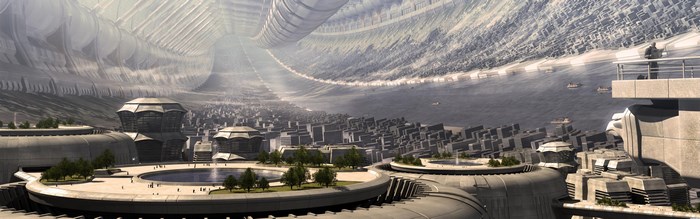 Sci-fi city inside a massive cylindrical structure