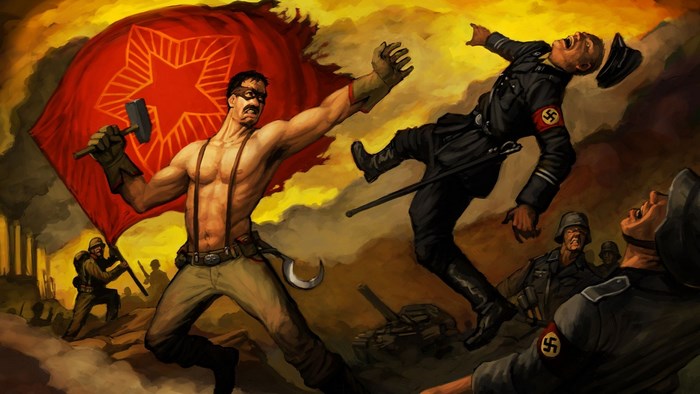 Soviet hero fighting Nazis with hammer and sickle