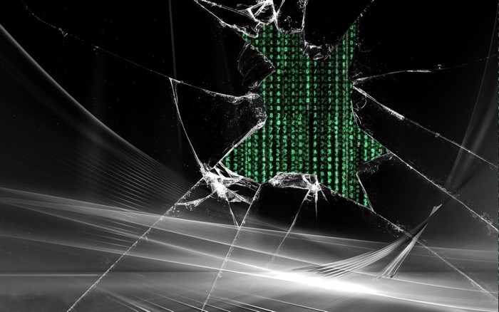 Cracked screen with digital rain