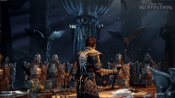 Dragon Age Inquisition scene with soldiers and a large eye symbol